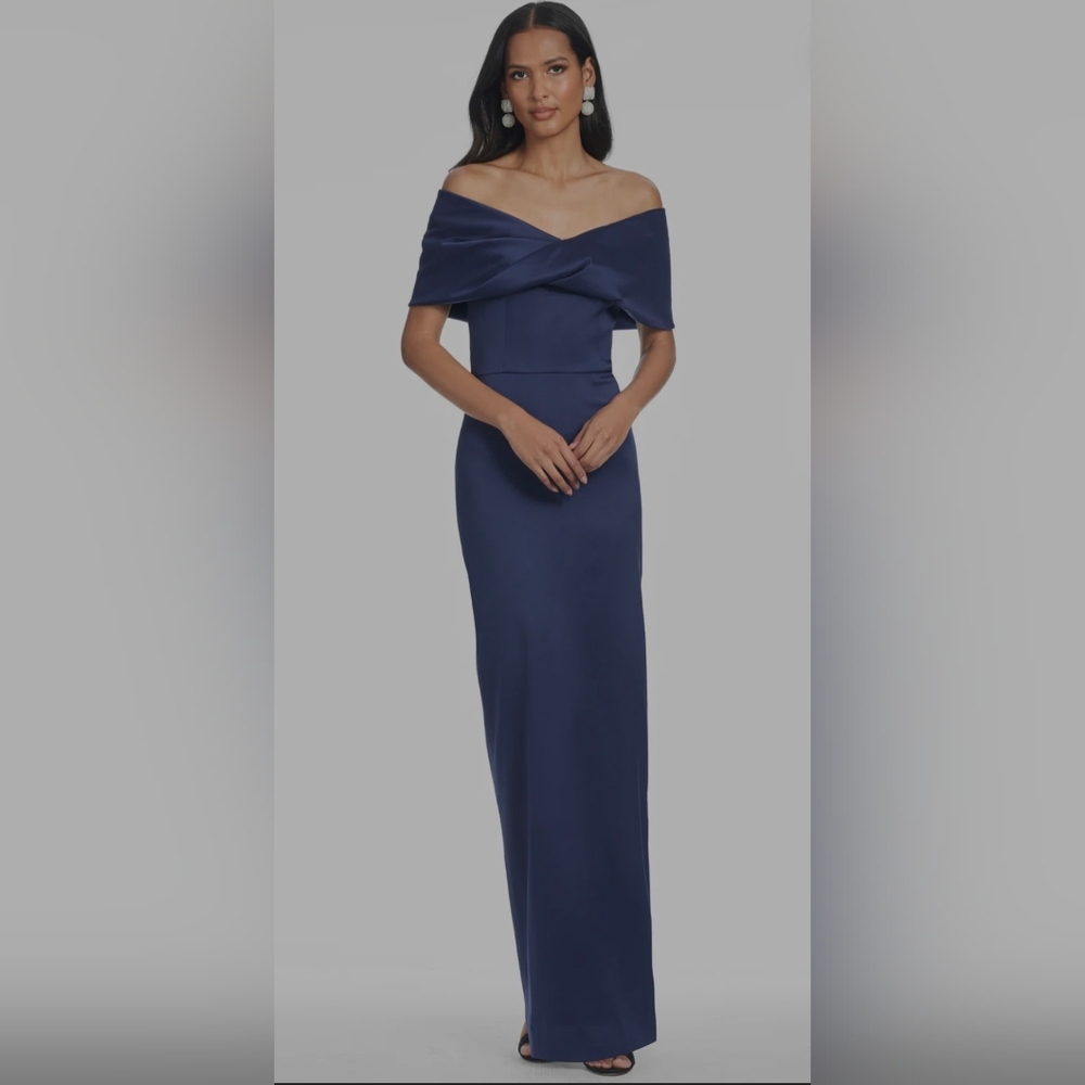 Sachin and Babi Viveca Off Shoulder Draped Gown in Night Sky Navy 6